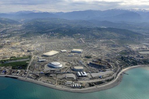 A helicopter view taken in May 2012 of construction underway at the Olympic Park in the Black Sea resort of Sochi